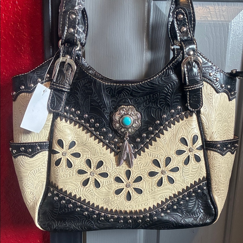 Embossed studded faux leather purse